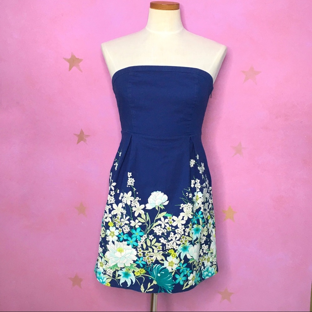 Old Navy Strapless Floral Dress Navy Blue 4 Petite